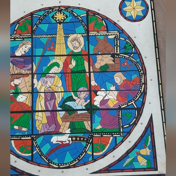 Rare Handmade Liquid Artex Painting Nativity Scene Stainglass Look Wall Hanging - Picture 3 of 7